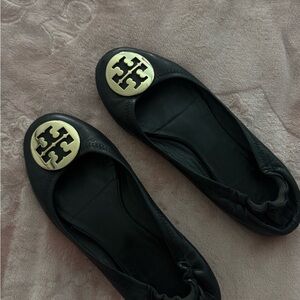 Tory Burch Black Flats with Gold Emblem